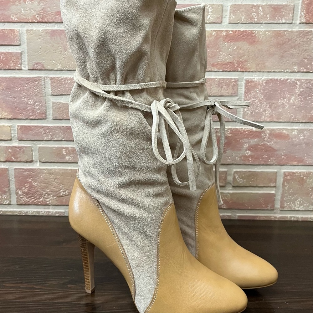 Colin Stuart Suede High Heel Boots Tan Mid Calf Tie Up Rare Size 11 B